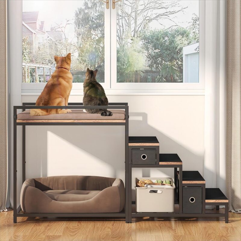 View of Multi-Level Pet Bunk Bed with Stairs & Storage Elevated Dog Cat Window ...