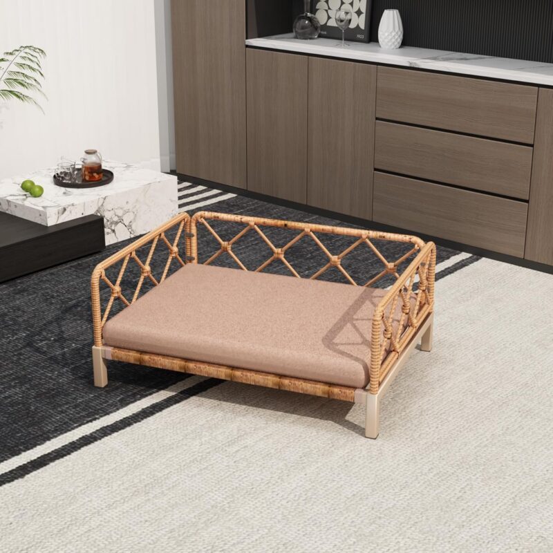 Cozy Rattan Dog Bed with Metal Frame & Cushion For Small to Medium Dogs ... - Sitting Rattan Dog Bed